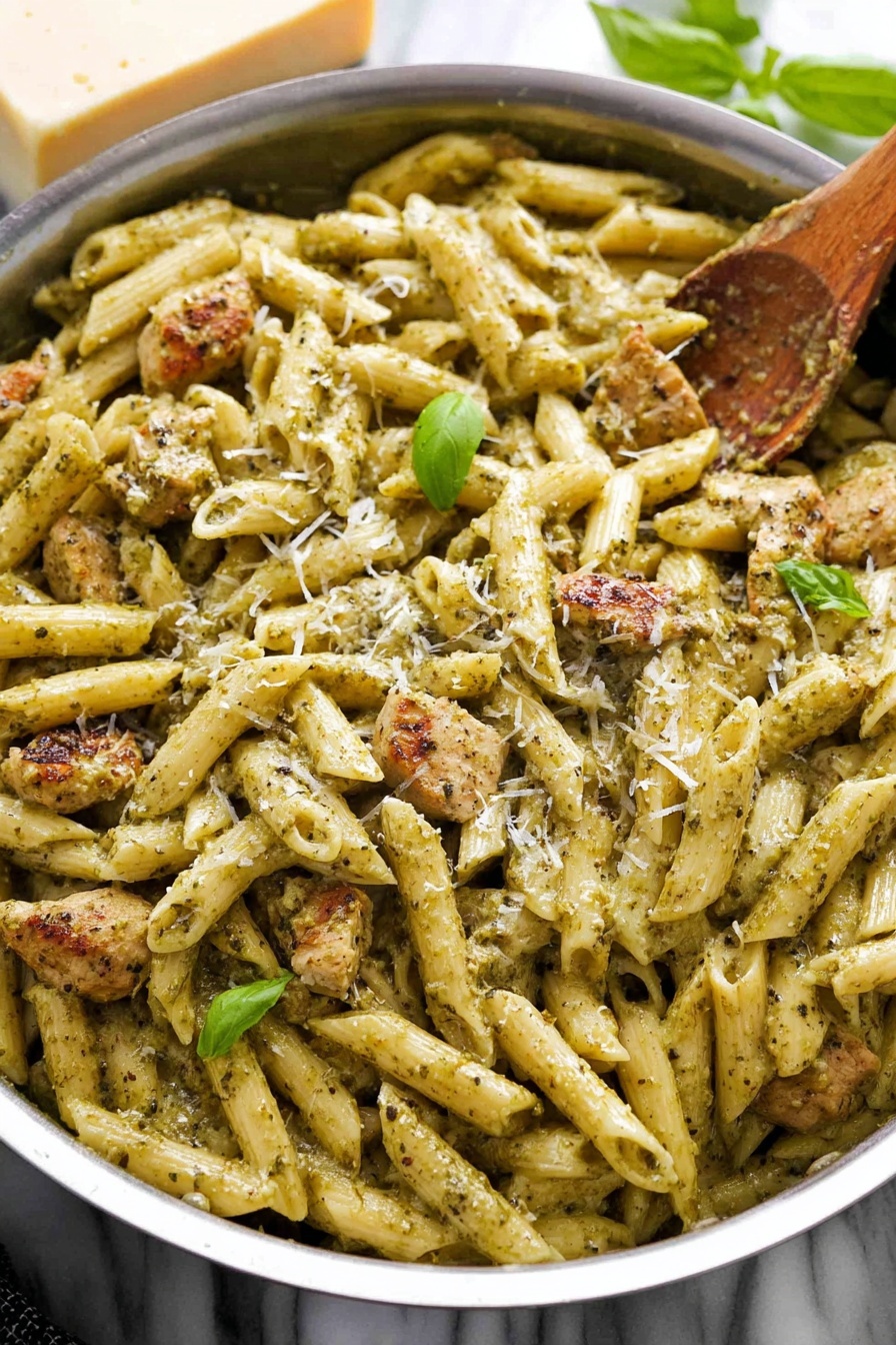Creamy Pesto Chicken - The image shows a close-up of creamy pasta with three visible layers. The base layer is penne pasta cooked to a soft yellow color and coated evenly with a smooth, light beige sauce mixed with small black pepper specks. On the second layer, there are pieces of cooked chicken with a golden-brown crust, adding texture and color contrast. The top layer has small green basil leaves scattered across the pasta along with fine shavings of white cheese sprinkled throughout. A wooden spoon lifts some pasta from a white bowl, and the whole scene is set on a white marbled surface. Photo taken with an iphone --ar 2:3 --v 7