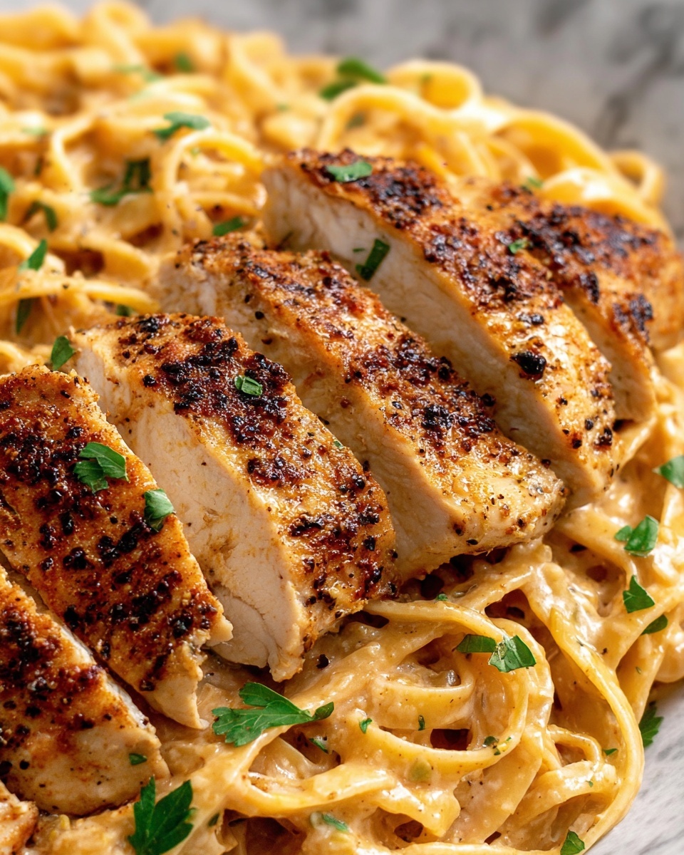Creamy Cajun Chicken - A white pan holds a dish with three main layers. The bottom layer is a creamy, light beige sauce covering the whole pan. Above the sauce, there is a nest of flat fettuccine pasta in a light golden color, tangled together. On the top layer, there are several pieces of grilled chicken with a golden-brown, slightly charred surface, arranged evenly around the pan. Small bits of green herbs sprinkle the chicken and pasta, adding a touch of color. The pan rests on a white marbled surface with a blue and white striped cloth beside it. Photo taken with an iphone --ar 2:3 --v 7
