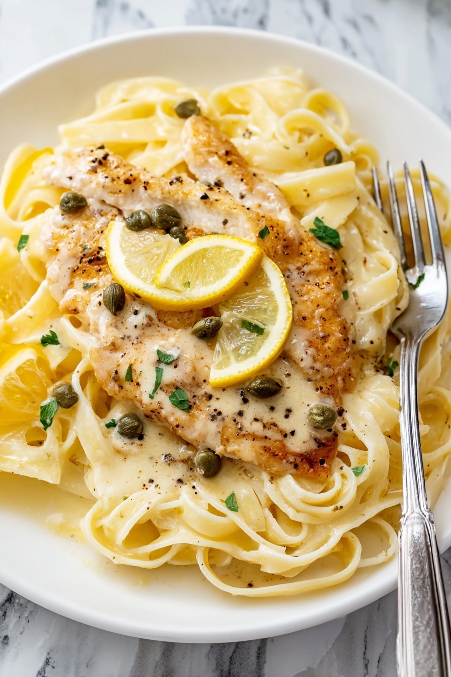 Creamy Lemon Chicken - A white plate holds a serving of creamy fettuccine pasta with a smooth, pale yellow sauce coating the noodles. On top of the pasta lies a golden-brown cooked chicken cutlet covered in the same creamy sauce. The sauce is dotted with small green capers and specks of black pepper, adding texture. Two slices of lemon, one whole round and one wedge, rest on the chicken, providing a bright yellow contrast. Fresh green parsley is sprinkled on top, enhancing the presentation. A fork is placed on the right side of the plate, partially resting on the pasta. The dish sits on a white marbled surface. photo taken with an iphone --ar 2:3 --v 7