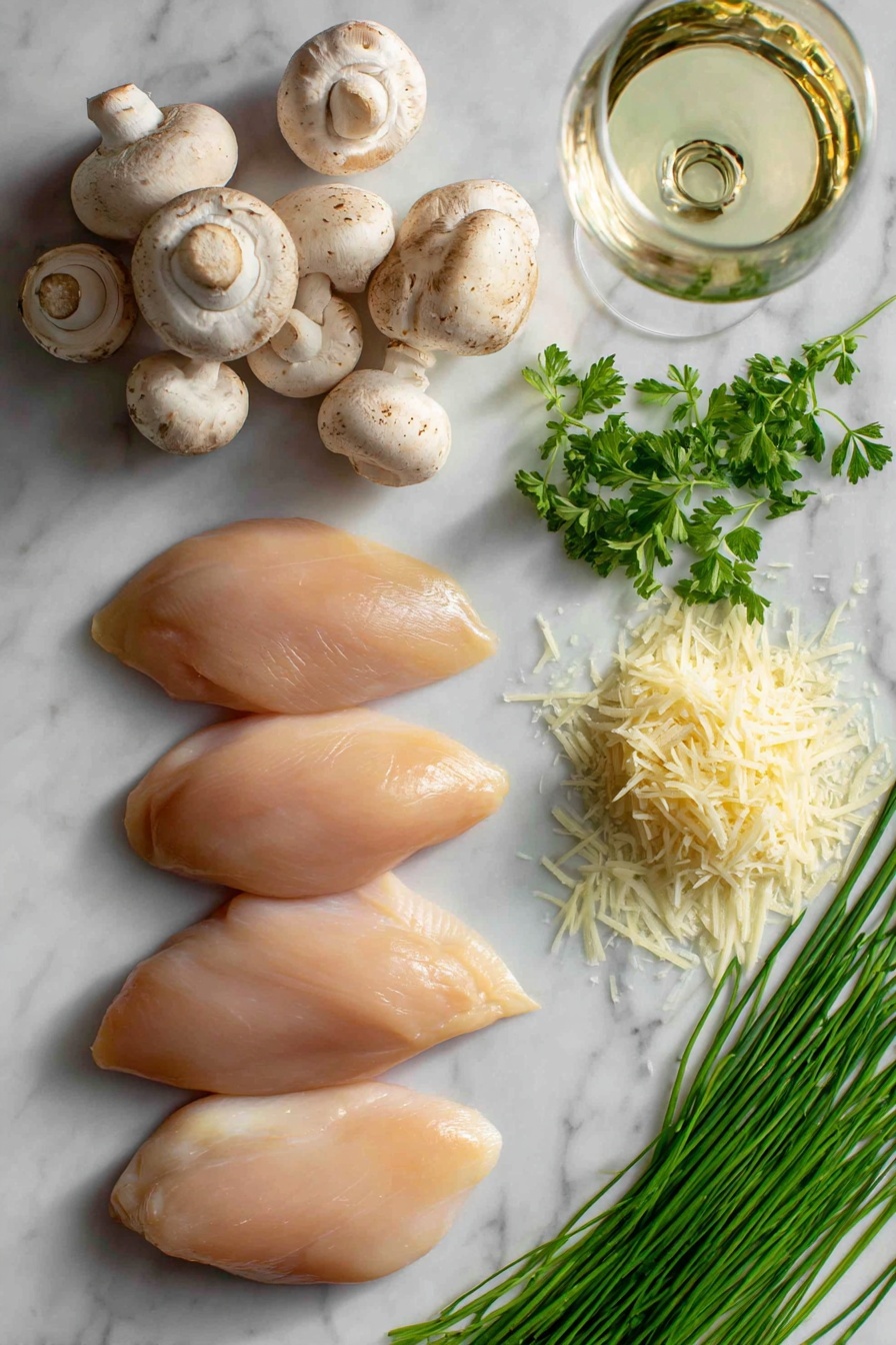 Chicken with Creamy Mushroom Sauce - Flat lay of four plump, raw boneless skinless chicken breasts with a pale pink hue next to a cluster of fresh white button mushrooms with smooth caps, bright green sprigs of parsley and slender chives adding vibrant contrast, three garlic cloves with papery white skins slightly cracked open, a small pile of finely grated Parmesan cheese showing soft, pale yellow shreds, a wedge of lemon with bright yellow rind and juicy interior, and a few glossy green olive oil olives scattered gently, all arranged naturally with soft shadows and textures visible, placed on white marbled surface, photo taken with an iphone --ar 2:3 --v 7