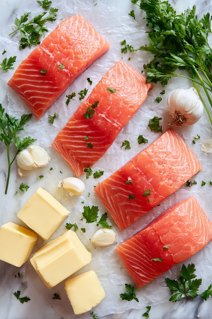 Creamy Garlic Butter Salmon - Flat lay of fresh pink salmon fillets with their smooth, slightly shiny surface, scattered bright green chopped parsley leaves, whole garlic cloves with their papery white skins and creamy texture, rich golden butter blocks melting slightly at the edges, wedges of lemon with juicy yellow pulp and shiny rinds, a small pile of grated Parmesan cheese with its fine, crumbly texture, and a few sprigs of fresh thyme with tiny green leaves, all beautifully arranged with natural spacing and gentle overlapping, placed on white marbled surface, photo taken with an iphone --ar 2:3 --v 7