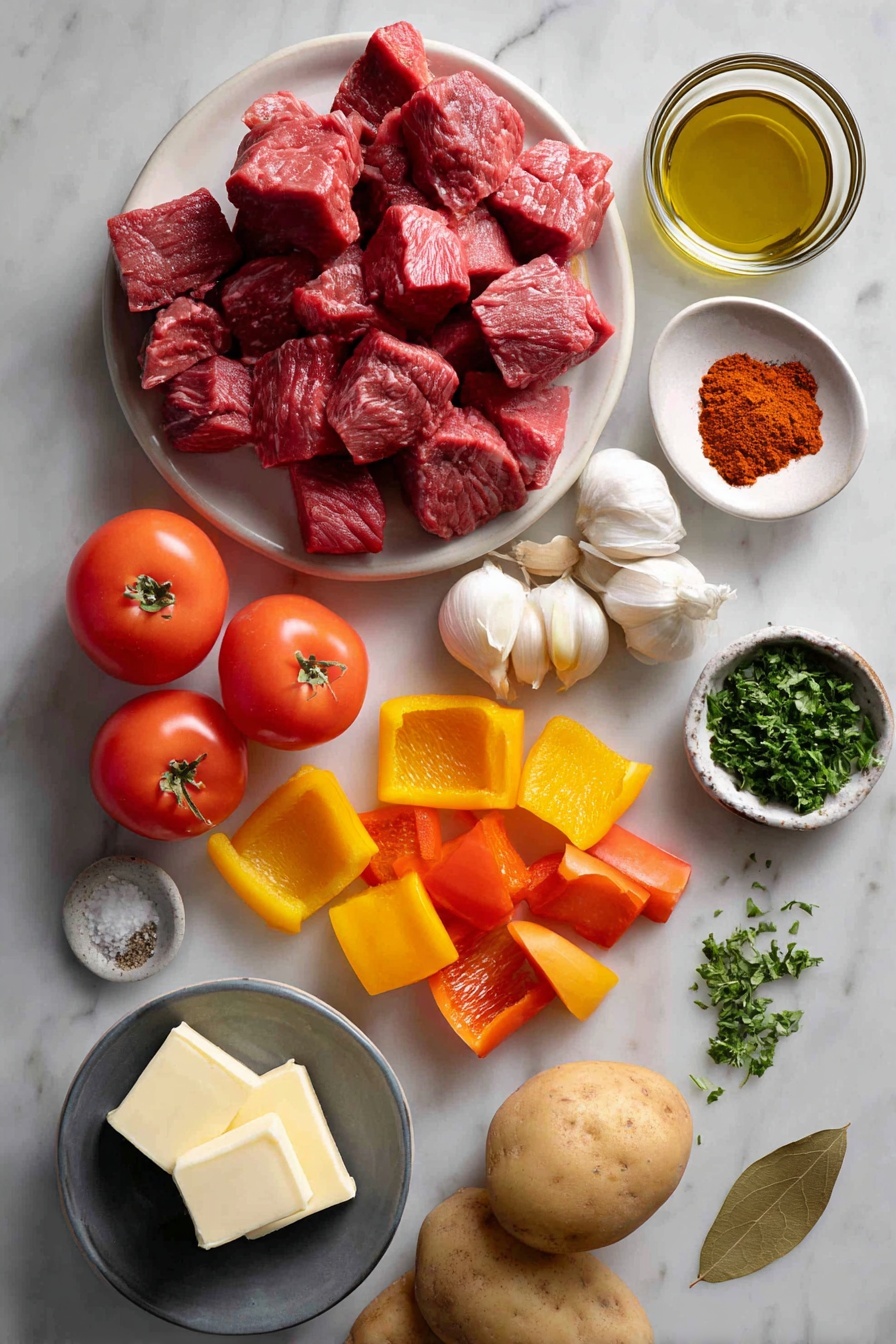 Flat lay of a small pile of beef chuck cubes, two medium brown onions diced, five garlic cloves peeled, one red and one yellow bell pepper cut into chunks, two ripe tomatoes quartered, a heaping spoonful of paprika powder in a small bowl, a few caraway seeds scattered nearby, a single bay leaf, two peeled carrots cut into chunks, two medium potatoes cubed, a small bunch of finely chopped parsley, a small dish of cooking salt, a pepper grinder, a drizzle of olive oil in a shallow dish, and a couple of cubes of unsalted butter placed on a white marble surface, photo taken with an iphone --ar 2:3 --v 7