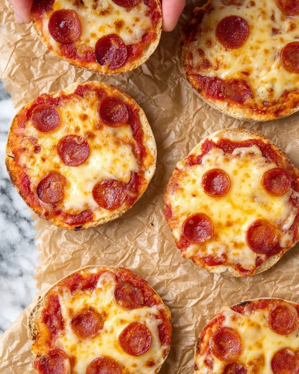The image shows several small round pizzas on a crinkled brown paper background. Each pizza has three visible layers: a light beige thin crust base, a bright red tomato sauce spread evenly on top, and a golden-brown melted cheese layer that covers most of the surface with some bubbling and browning spots. Some pizzas have small round slices of pepperoni scattered across the cheese layer. One of the pizzas near the top left corner is shaped like a heart, with all its layers matching the others. The background texture is changed to white marble. photo taken with an iphone --ar 2:3 --v 7