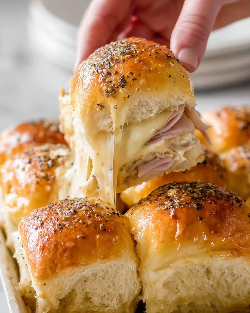 The image shows a group of golden brown sandwiches placed on crinkled aluminum foil. Each sandwich has a soft, shiny top bun sprinkled with black and white sesame seeds and small bits of seasoning. One sandwich is cut in half and tilted to show thin layers inside: a top bread layer, a middle layer of folded light pink sliced meat, and a bottom layer of melted pale cheese. The sandwiches have a soft and fluffy texture, with a slight crisp on the top. In the upper right corner, there is a knife with a white handle resting on the foil. The photo is taken with a white marbled surface underneath the foil. Photo taken with an iphone --ar 2:3 --v 7