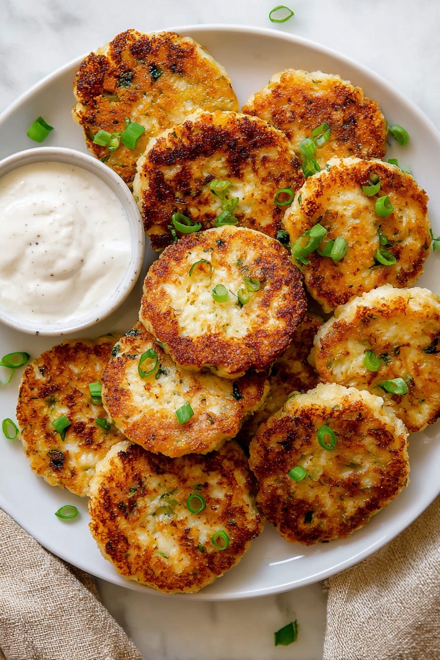 A stack of five golden brown patties with a crisp, slightly rough texture is presented on a white plate. The top patty is garnished with a dollop of white cream and small green herb pieces scattered on and around the patties. The edges of the patties are uneven, with a light and crispy appearance. The plate sits on a white marbled surface, and a blurred background shows earthy-toned bowls and a green garnish. photo taken with an iphone --ar 2:3 --v 7