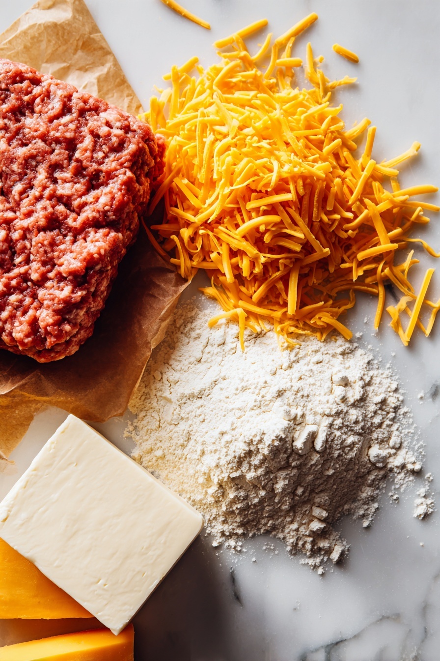 Flat lay of ground pork sausage in a raw and textured state, a block of smooth cream cheese partially sliced, shredded bright orange cheddar cheese scattered artfully, and a neat pile of all-purpose baking mix with a soft powdery texture, all beautifully arranged with vibrant colors and natural lighting, placed on a white marble surface, photo taken with an iphone --ar 2:3 --v 7