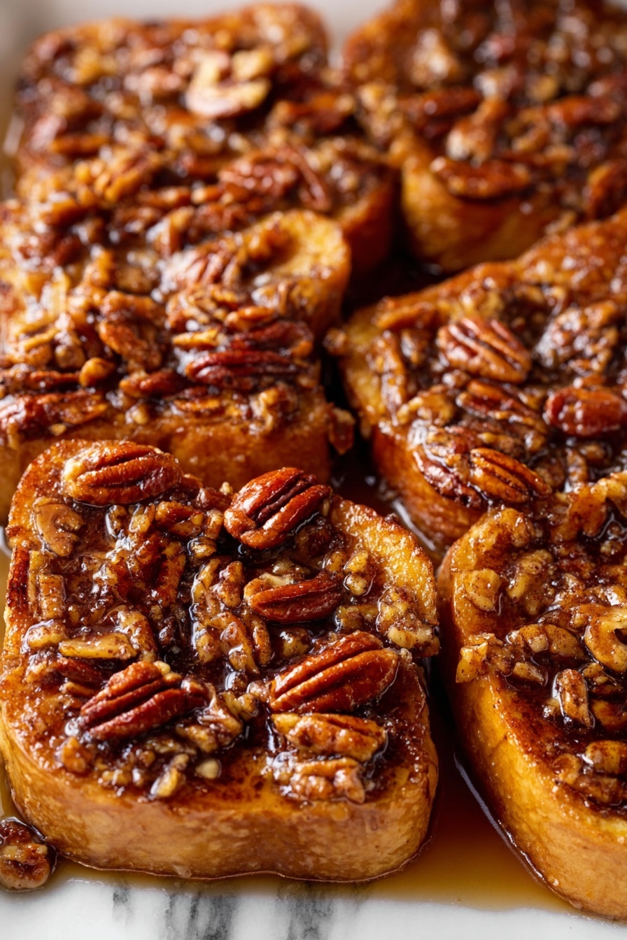 The image shows several thick slices of golden-brown French toast soaked in a rich syrup. Each slice is topped with a generous layer of shiny, caramelized pecans that add a crunchy texture. The syrup glistens on the toast and pools around the edges, giving the dish a warm, sticky look. The toast pieces are arranged close together, filling the frame with their layered textures of soft bread and nutty topping against a white marbled background. photo taken with an iphone --ar 2:3 --v 7