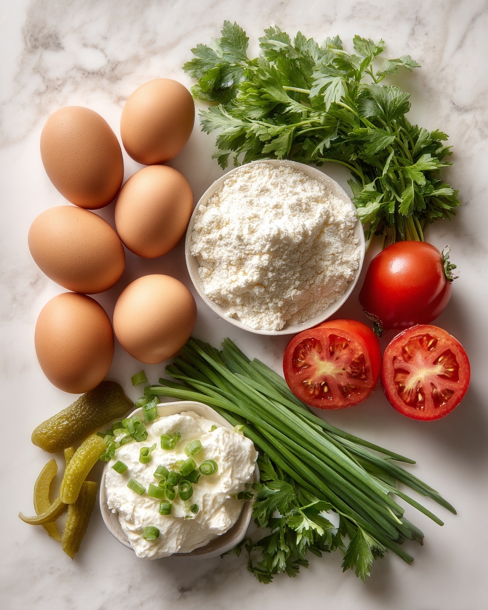 Flat lay of fresh brown eggs cracked open with golden yolks visible, a small bundle of bright green chopped green onions, sprigs of vibrant cilantro with delicate leaves, ripe red tomato wedges arranged neatly, creamy white labneh dollops, crunchy pale green pickle spears, and a small bowl of white all-purpose flour, placed on a white marble surface, photo taken with an iphone --ar 2:3 --v 7