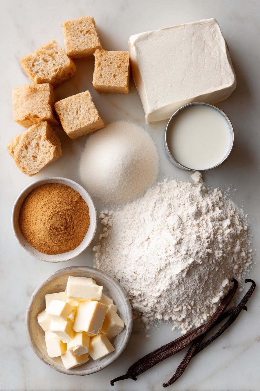 Flat lay of cubed day-old sourdough bread, a smooth block of silken tofu, a can of creamy full-fat coconut milk, a small mound of golden brown sugar, a pile of light brown cinnamon powder, a few chunks of cold vegan butter, a heap of pale all-purpose flour, and a vanilla bean pod, all beautifully arranged with natural light highlighting their textures, placed on a white marble surface, photo taken with an iphone --ar 2:3 --v 7