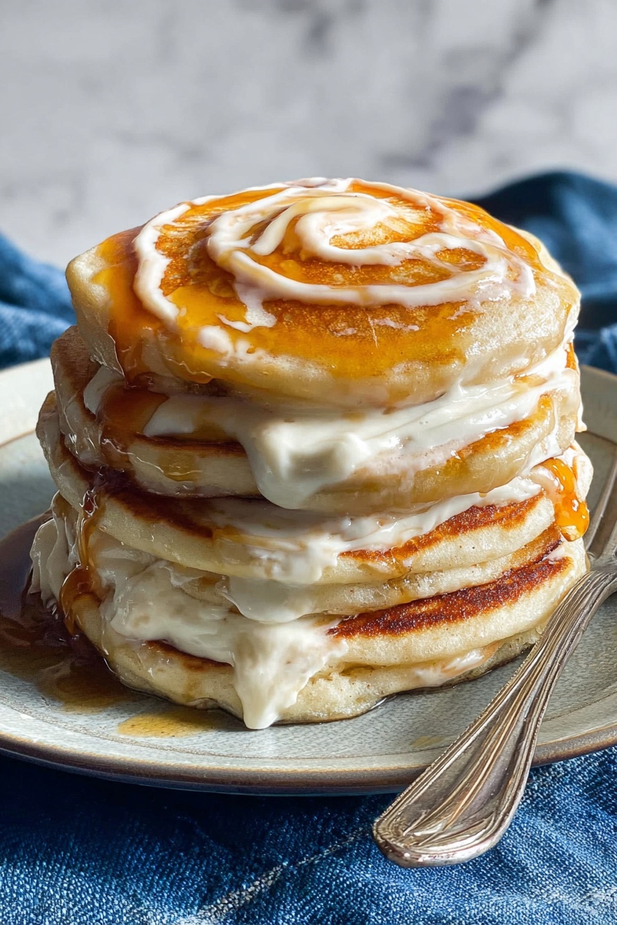 A stack of four thick pancakes sits on a white plate, each pancake golden brown with slightly crisp edges. Between each pancake is a thick layer of light-colored creamy sauce that drips down the sides, with a swirl of amber-colored syrup artistically spiraled on top of the stack. The plate rests on a blue cloth with a metal fork beside it on the right. The background is a white marbled texture. photo taken with an iphone --ar 2:3 --v 7