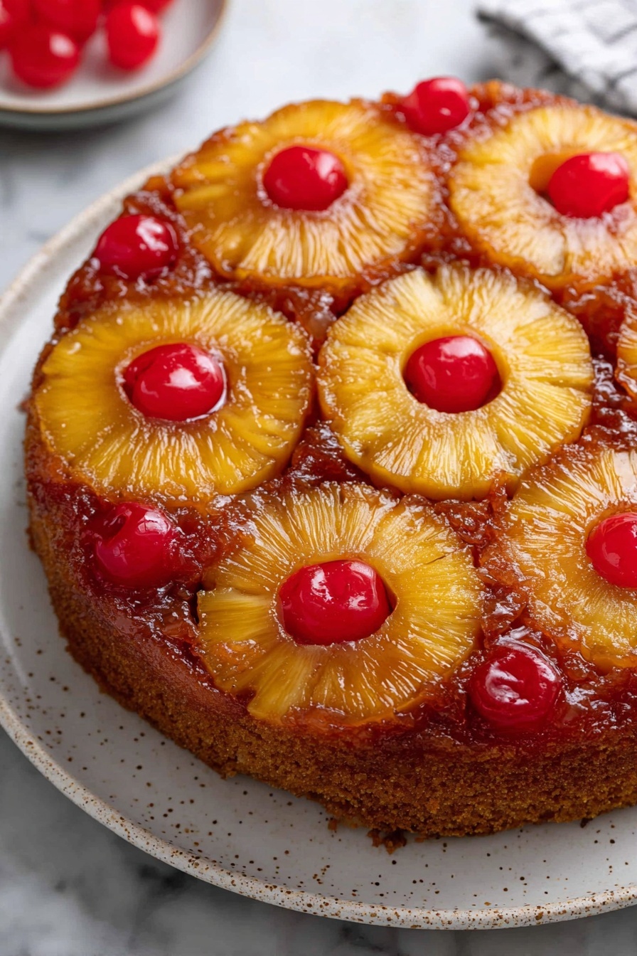 A round pineapple upside-down cake sits on a white plate with a light speckled edge on a white marbled surface. The top layer features six golden yellow pineapple rings arranged in a circular pattern. Each pineapple ring has a single bright red maraschino cherry in its center. Around and between the pineapple rings are extra dollops of vibrant red cherries embedded in a caramelized brown sugary glaze that covers the top of the cake, giving it a shiny and textured look. The cake beneath the pineapple topping is a moist brown color, visible through the gaps around the fruit. Photo taken with an iphone --ar 2:3 --v 7