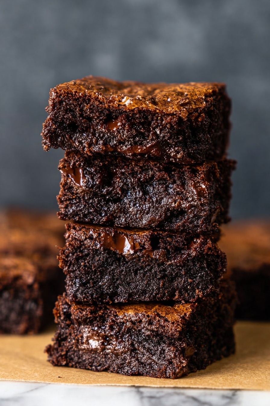 The image shows a stack of four thick chocolate brownies placed on a light brown paper surface. Each brownie layer is dark brown with a moist, rich texture and visible melted chocolate chunks spread unevenly inside. The top surface of each brownie has a shiny, slightly cracked crust. The background is a soft, blurred dark gray, and the bottom surface is a white marbled texture, adding a clean contrast to the dark brownies. Photo taken with an iphone --ar 2:3 --v 7