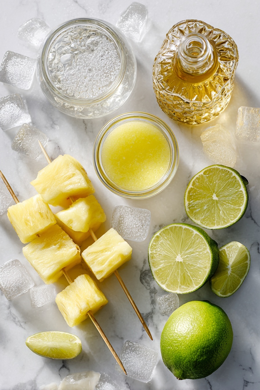 Flat lay of fresh pineapple chunks on a skewer, a small glass bottle of golden coconut rum, a measuring cup filled with bright yellow pineapple juice, a halved fresh lime showing its vibrant green flesh, a small jar of clear simple syrup, sparkling lemon-lime soda bubbles rising in a glass, and clear ice cubes scattered artfully, all placed on a white marble surface, photo taken with an iphone --ar 2:3 --v 7