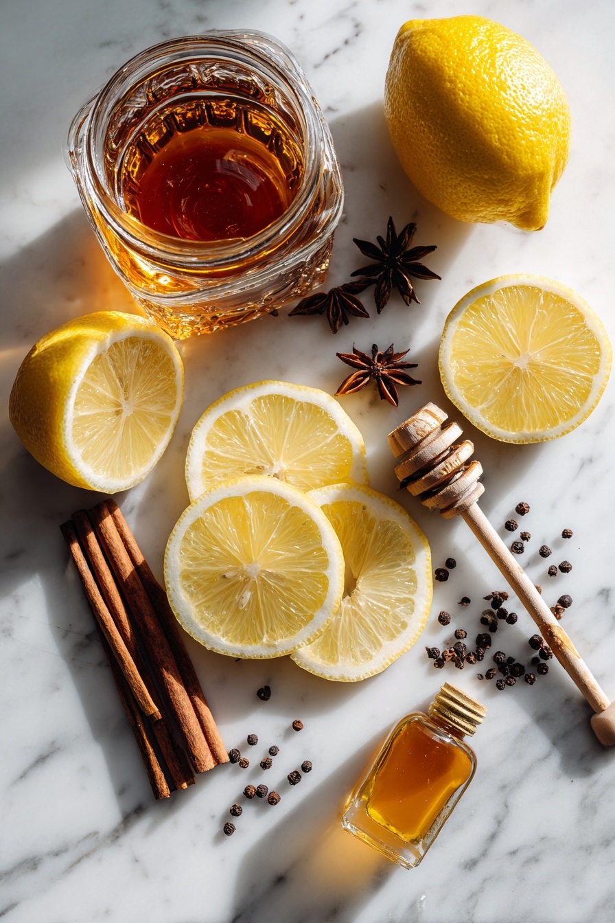 Flat lay of a thick lemon slice studded with whole cloves, a cinnamon stick, a star anise pod, fresh lemon wedges, a small jar of golden honey with a wooden honey dipper, a glass of rich amber whiskey, and a few drops of aromatic bitters in a tiny glass bottle, all beautifully arranged with soft natural light enhancing the colors, placed on a white marble surface, photo taken with an iphone --ar 2:3 --v 7