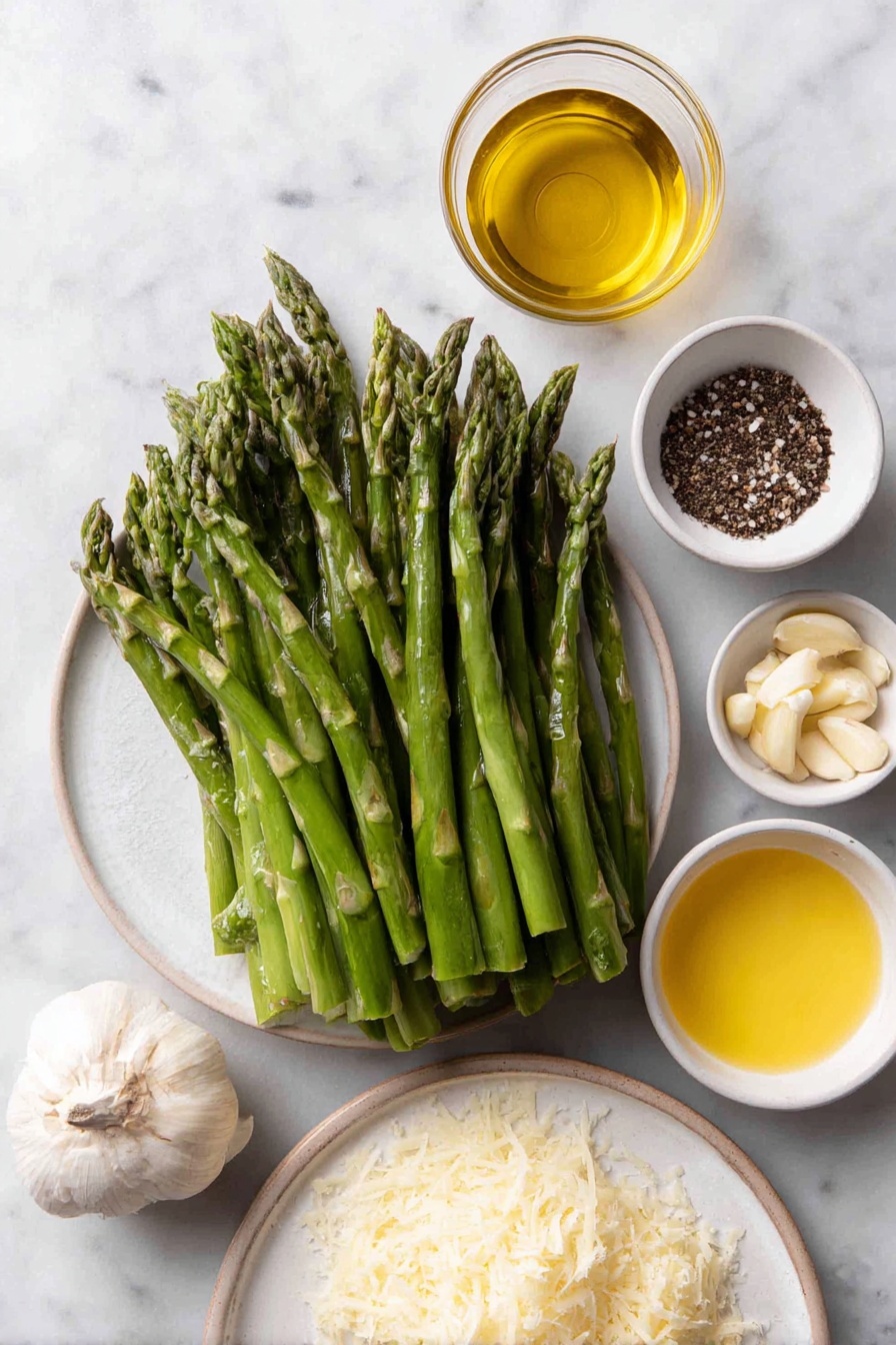 Flat lay of fresh green asparagus spears with woody ends snapped off, a small white ceramic bowl of golden extra virgin olive oil, a small white bowl containing coarse salt crystals, another small bowl with freshly cracked black peppercorns, a single fresh garlic clove beside finely minced garlic in a small white bowl, a small white bowl holding bright yellow lemon juice, and a neat pile of freshly grated pale parmesan cheese on a simple white ceramic plate, all arranged with perfect symmetry on a clean white marble surface, soft natural light, photo taken with an iPhone, professional food photography style, fresh ingredients, white ceramic bowls, no bottles, no duplicates, no utensils, no packaging --ar 2:3 --v 7 --p awthu7i m7354615311229779997