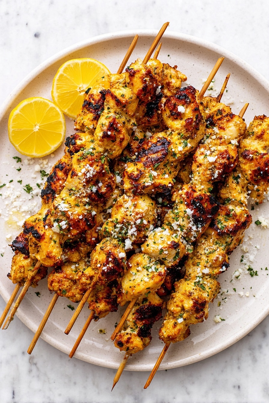 A round white plate holds eight wooden skewers with grilled chicken pieces, each skewer layered with several browned, slightly charred chunks of chicken that have a golden yellow and light brown color from the spices and grilling. The chicken is sprinkled with small green herb bits and white grated cheese. Two bright yellow lemon wedges sit on the top left side of the plate. The plate is set on a white marbled surface. photo taken with an iphone --ar 2:3 --v 7