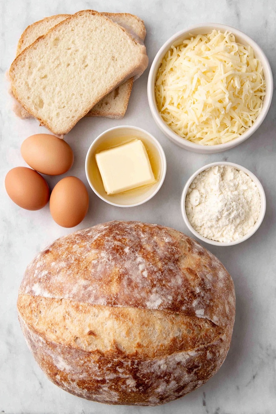 Flat lay of two thick slices of rustic sourdough bread with a golden crust, a small white ceramic bowl filled with rich golden salted butter, a small white ceramic bowl heaped with freshly grated vintage cheddar cheese showing a vibrant orange-yellow color, a small white ceramic bowl with freshly grated creamy white mozzarella cheese, and two whole uncracked brown eggs placed neatly together, all arranged symmetrically on a clean white marble surface, soft natural light, photo taken with an iPhone, professional food photography style, fresh ingredients, white ceramic bowls, no bottles, no duplicates, no utensils, no packaging --ar 2:3 --v 7 --p awthu7i m7354615311229779997