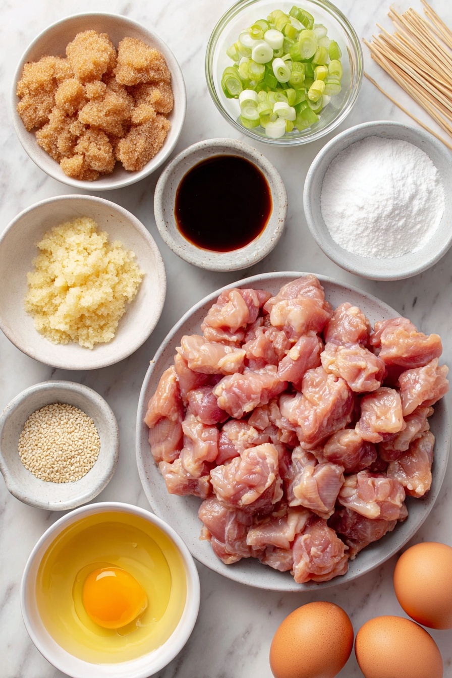 Flat lay of fresh raw boneless skinless chicken thighs cut into chunky pieces, a small white ceramic bowl of light brown sugar packed, a small white ceramic bowl with minced garlic, a small white ceramic bowl holding grated ginger, a small white ceramic bowl filled with golden honey, a small white ceramic bowl of low-sodium soy sauce, a small white ceramic bowl containing clear rice wine vinegar, a small white ceramic bowl with pure sesame oil, a small white ceramic bowl of cold water, a small white ceramic bowl of white cornstarch powder, a few whole uncracked brown eggs, a small pile of thinly sliced fresh green onions, a small heap of toasted sesame seeds, and a few bamboo skewers arranged neatly, all placed on a clean white marble surface, soft natural light, photo taken with an iPhone, professional food photography style, fresh ingredients, white ceramic bowls, no bottles, no duplicates, no utensils, no packaging --ar 2:3 --v 7 --p awthu7i m7354615311229779997