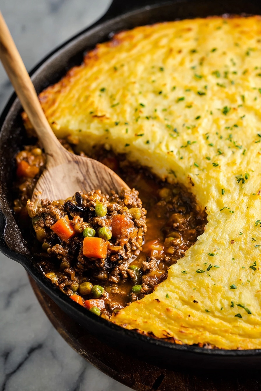 A black cast iron pan holds a two-layer dish, with the top layer being a golden-yellow mashed potato crust sprinkled with small green herb pieces and slightly browned edges. Below the potato crust, the second layer shows a thick, rich mix of ground meat, diced orange carrots, green peas, and dark brown mushrooms in a glossy sauce. A wooden spoon scoops out part of the bottom meat layer, revealing the hearty filling beneath the smooth, creamy top. The pan rests on a white marbled surface. photo taken with an iphone --ar 2:3 --v 7