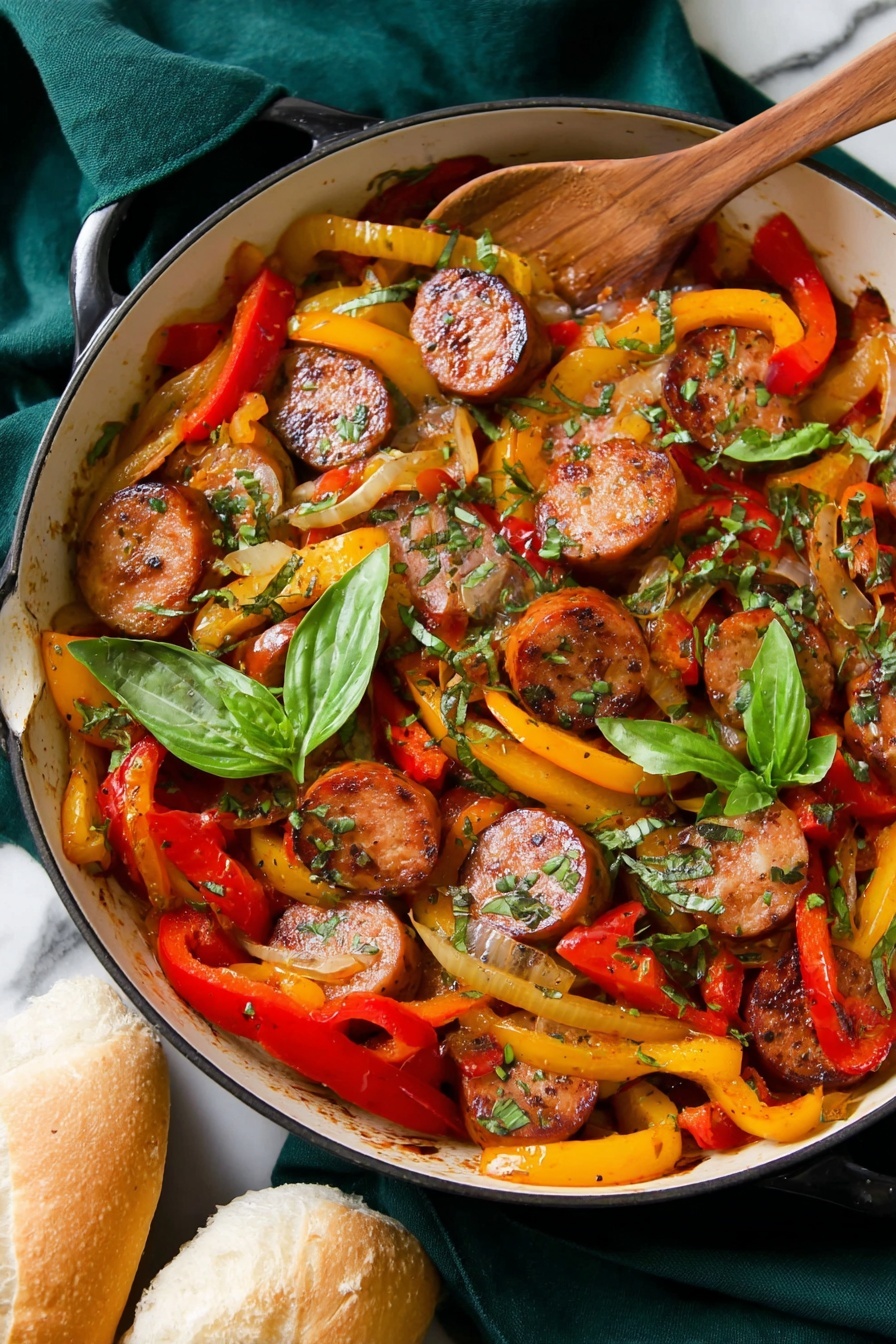 The image shows seven small sandwich rolls arranged on a white scalloped plate over a green cloth on a white marbled surface. Each sandwich has a golden toasted bun sliced open and filled with several pieces of browned sausage slices, sautéed red and yellow bell pepper strips, and lightly cooked onions. Fresh green parsley is sprinkled evenly on top of the sandwiches and around the plate. The sandwiches look juicy with a mix of warm yellow, red, brown, and green colors. A single plain sandwich roll sits outside the plate on the white marbled surface. photo taken with an iphone --ar 2:3 --v 7