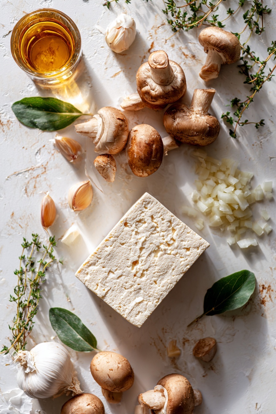 Creamy Sherry Tofu - Flat lay of a block of super firm tofu with smooth white texture, fresh cremini mushrooms sliced to show their rich brown caps and creamy gills, a small heap of diced yellow onion with translucent edges, peeled garlic cloves and minced garlic scattered nearby, a small pile of golden all-purpose flour powder, sprigs of dried Italian seasoning herbs with green and brown tones, and a glass of clear amber dry sherry with light reflections, all arranged naturally with soft shadows, placed on white marbled surface, photo taken with an iphone --ar 2:3 --v 7
