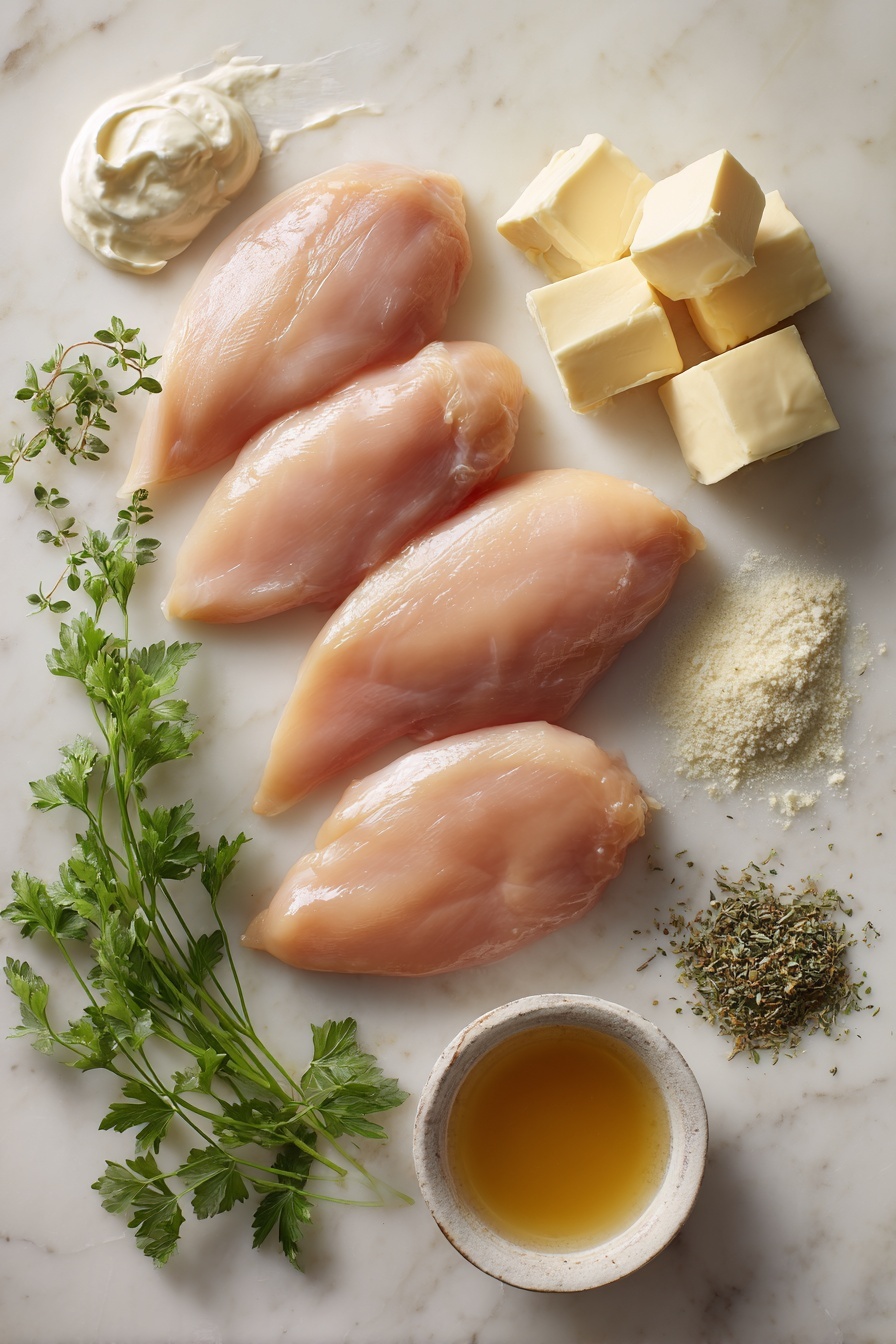 Creamy Cajun Chicken - Flat lay of fresh boneless, skinless chicken breasts seasoned with reddish-orange Cajun spices and smoked paprika, bright green parsley sprigs finely chopped, creamy white heavy cream in a smooth pour, deep red tomato paste dollop, peeled and slightly crushed garlic cloves with a creamy off-white tone, glossy lemon halves showing vibrant yellow pulp, and freshly grated Parmesan cheese with fine, snowy white texture, all arranged naturally with slight overlaps and shadows to highlight their freshness and colors, placed on white marbled surface, photo taken with an iphone --ar 2:3 --v 7