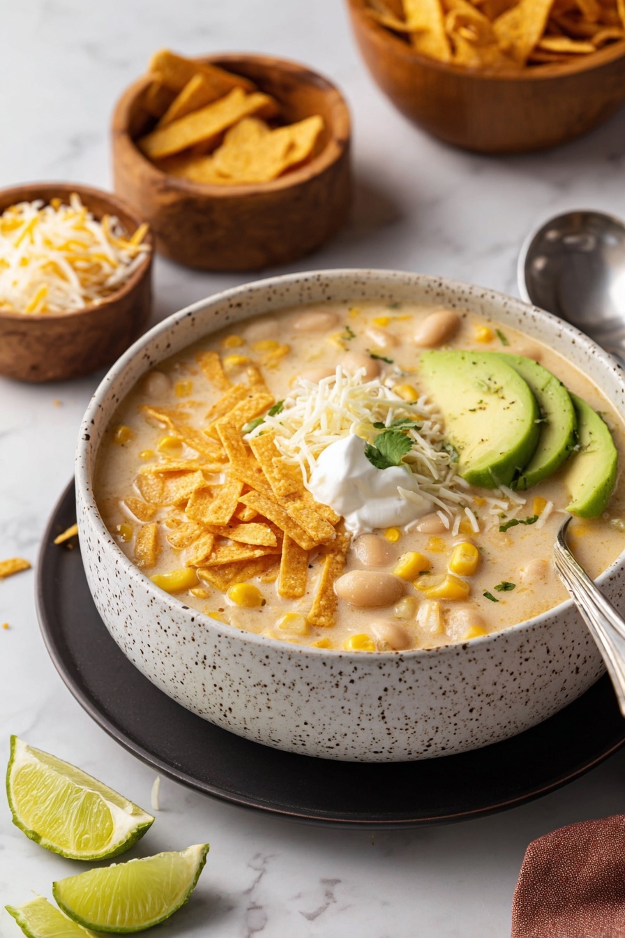 A large white pot filled with creamy soup that has a light orange color, showing bits of corn, white beans, and shredded pieces of chicken. A ladle lifts a scoop of the thick soup, revealing the same mix of yellow corn, white beans, shredded cheese, herbs, and chicken inside, with a small piece of avocado in the background resting on the soup surface. The soup looks rich and slightly chunky with herbs and pepper speckles scattered on top, all on a white marbled surface. photo taken with an iphone --ar 2:3 --v 7