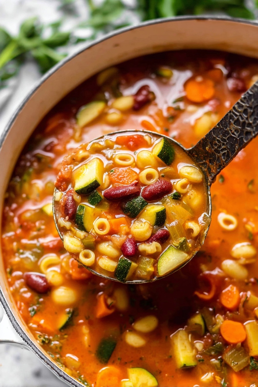 This image shows a pot filled with vegetable soup with many layers of different items. The top layer is a mix of yellow and green chunks of zucchini and squash, small beans in dark red and white colors, and small pasta shells. The soup has a thick reddish-orange broth that looks hearty and rich. The pot itself is white with two handles and is set on a white marbled surface. Next to the pot, there is a gray and white striped cloth and two silver spoons, one closer to the pot and one above it. Fresh green parsley surrounds the pot on both sides. Photo taken with an iphone --ar 2:3 --v 7