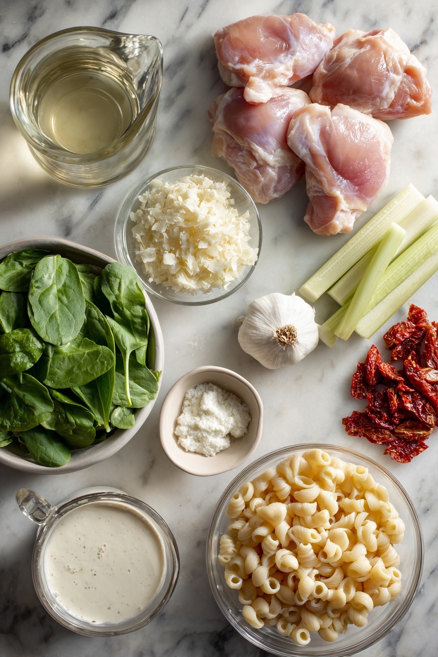 Flat lay of a few boneless skinless chicken thighs, one finely chopped onion, two peeled garlic cloves, two long celery stems sliced thin, a small bowl of dry white wine, a large measuring jug filled with chicken stock and water, a small mound of tiny pasta shells, a small packed cup of grated parmesan, a small glass of thick cream, two packed cups of fresh baby spinach leaves, a small pile of chopped sun dried tomato strips with a drizzle of oil nearby, and a tiny bowl with cornflour slurry placed on a white marble surface, photo taken with an iphone --ar 2:3 --v 7