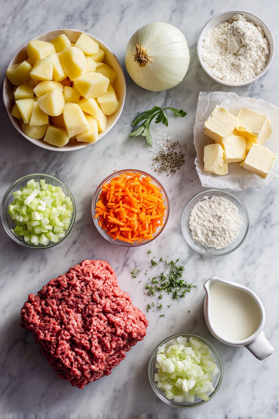 Flat lay of a mound of raw ground beef, a small pile of diced onions, a small pile of shredded carrots, a small pile of diced celery, a few sprigs of dried basil and parsley flakes, a few tablespoons of butter sticks, several peeled and diced potatoes arranged neatly, a small heap of all-purpose flour, a bowl of cubed processed cheese, a glass of milk, a small bowl of sour cream, salt and pepper sprinkled artistically, placed on a white marble surface, photo taken with an iphone --ar 2:3 --v 7