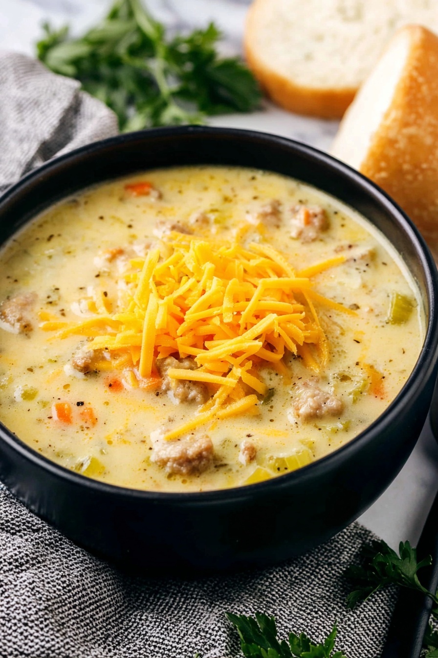 The image shows a thick, creamy soup with a light yellow color, filled with chunks of potatoes, small pieces of cooked ground meat, slices of green vegetables, and tiny orange bits that look like carrots. The soup has a smooth, slightly textured surface with visible bits of black pepper and herbs sprinkled throughout. It is inside a large, round white pot with some soup residue on the inner sides. A silver ladle is lifting a scoop of the soup, showing its thick consistency and mixed ingredients closely. The pot is sitting on a white marbled surface. photo taken with an iphone --ar 2:3 --v 7