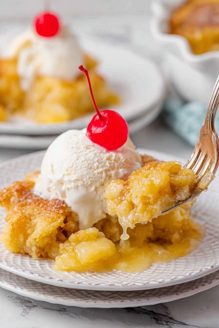 A white plate with one golden brown, crumbly dessert piece as the base layer, with a rough texture showing soft baked filling underneath. On top of the dessert, there is a smooth, round scoop of white vanilla ice cream. Sitting on the ice cream is a bright red cherry, glossy and fresh. In the background, there is a white bowl filled with more scoops of vanilla ice cream and a stack of plates with more dessert pieces. To the side, there is a small glass bowl filled with shiny red cherries. The surface is a white marbled texture and a turquoise cloth is partly visible to the left. photo taken with an iphone --ar 2:3 --v 7