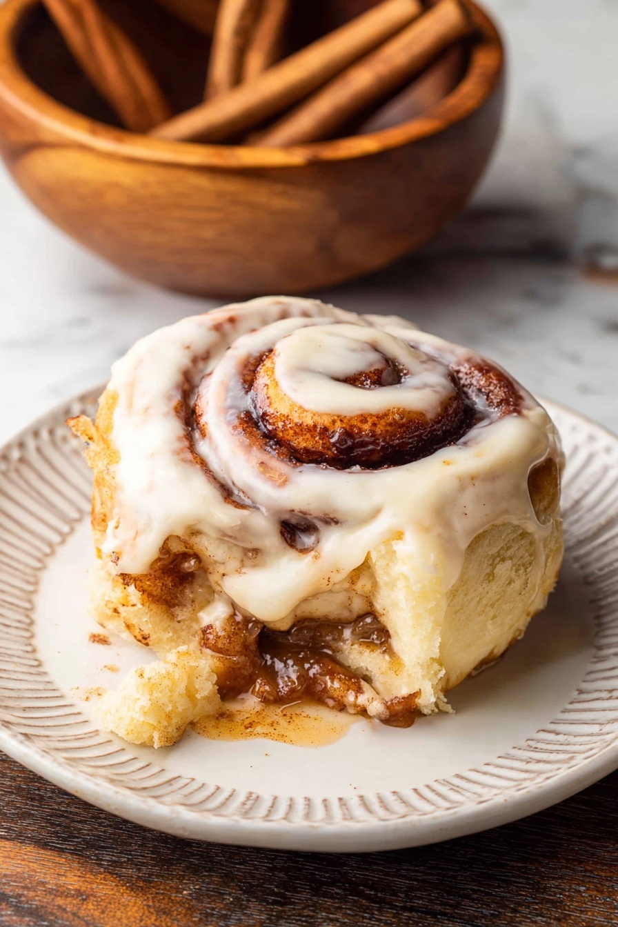 The image shows a white dish filled with four cinnamon rolls closely placed together. Each roll has three visible layers: the base dough layer is golden brown and soft, the middle layer is a darker cinnamon swirl, and the top is covered with thick, creamy white frosting spread unevenly with swirled texture. The dish is placed on a white marbled surface, and nearby there are cinnamon sticks on a wooden plate and a small brown glass container, both partially visible. The scene feels warm and inviting with soft natural light. photo taken with an iphone --ar 2:3 --v 7