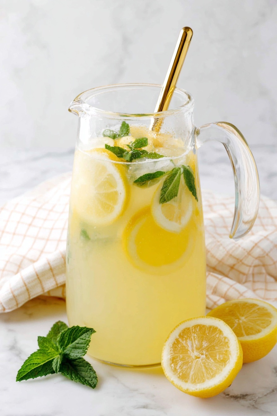 A clear glass pitcher filled with light yellow lemonade showing several thin lemon slices and green mint leaves floating inside near the top, with a shiny golden stir stick placed upright resting inside the pitcher’s rim; the pitcher is set on a white marbled surface with a cut lemon half and a whole lemon half along with two green mint leaves beside it, and a white cloth with a light brown grid pattern placed in the background. Photo taken with an iphone --ar 2:3 --v 7
