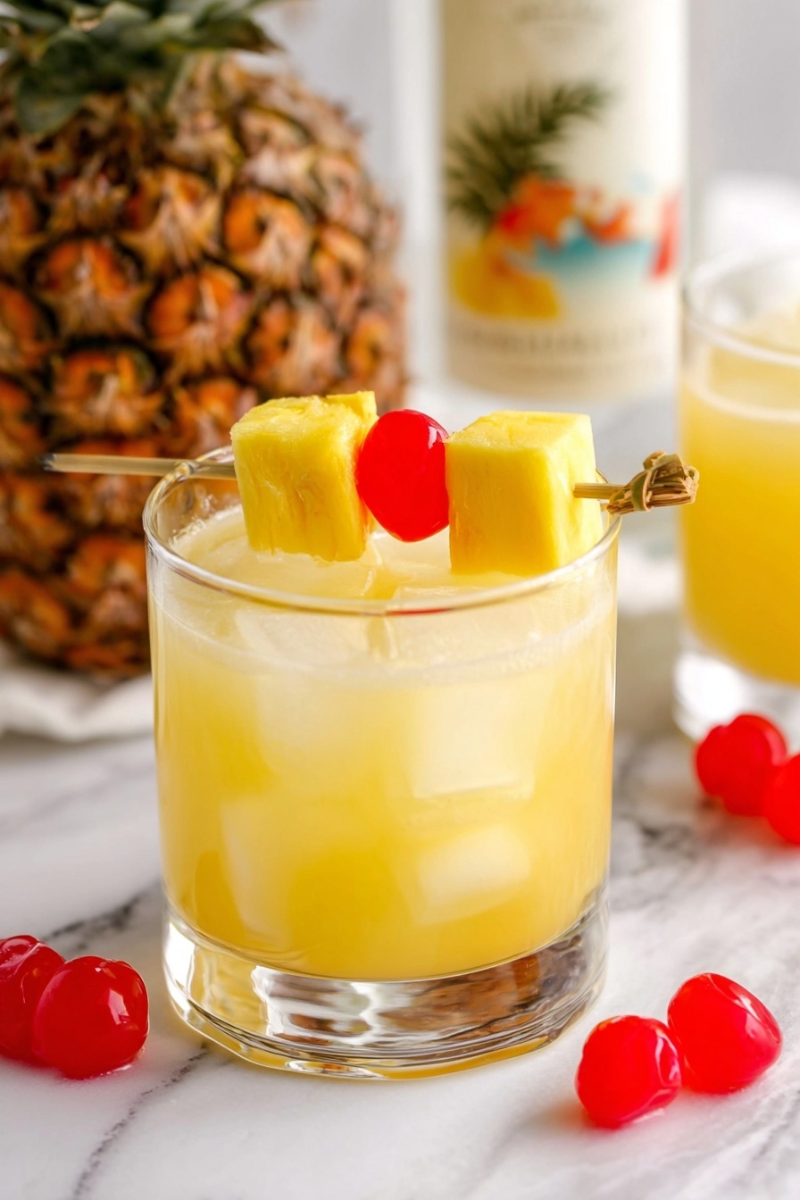 A short clear glass filled with a yellow drink topped with two clear ice cubes, sitting on a white marbled surface. On top of the glass, a wooden skewer is placed horizontally holding two bright yellow pineapple cubes and one shiny red cherry. In the background, a pineapple with a brown rough texture and a white bottle with a blurred tropical label are visible. There are several more shiny red cherries scattered on the white marbled surface around the glass. Photo taken with an iphone --ar 2:3 --v 7