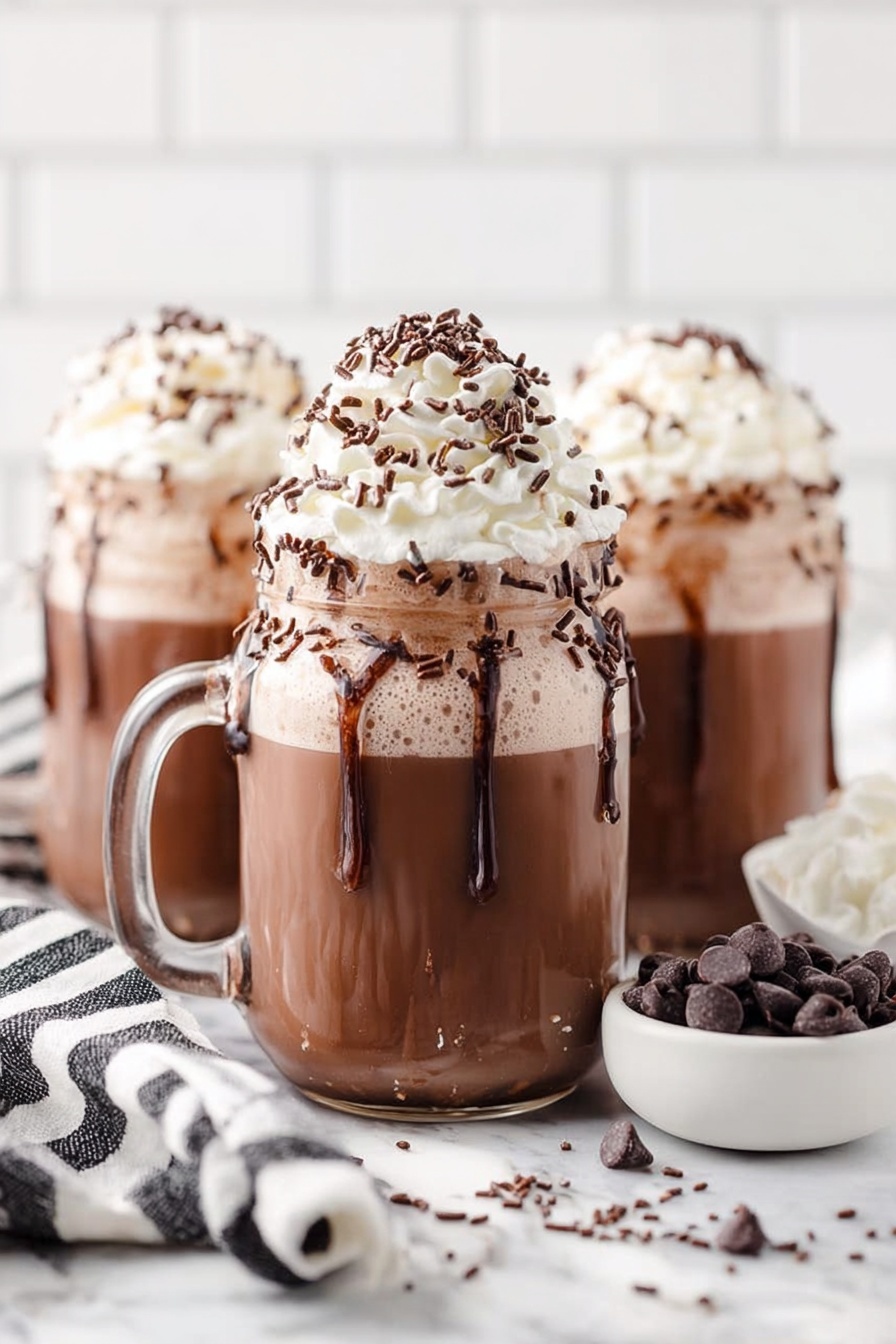 The image shows three clear glass jars filled with two layers: the bottom layer is rich chocolate milk, and the top layer is light, creamy foam. Each jar has a thick swirl of white whipped cream on top, covered with small dark chocolate sprinkles and chunks. Chocolate sauce drips down the side of the front jar, which is centered and closer than the others. The jars are placed on a white marbled surface with scattered white flakes and bits of chocolate around. A white cloth with black stripes is partially visible in the lower left corner. In the background, a white tiled wall is softly blurred. Photo taken with an iphone --ar 2:3 --v 7