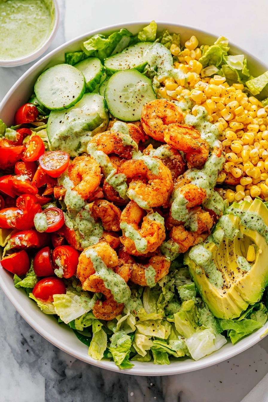 A large white bowl sits on a white marbled surface filled with a colorful salad. The bottom layer is green lettuce leaves topped with bright yellow corn kernels on two sides. On one side, there are light green cucumber slices, and on the other side, halved red cherry tomatoes. In the center, there is a pile of orange cooked shrimp, with avocado slices arranged neatly on one side of the shrimp. The entire dish is drizzled with a green sauce and sprinkled with black pepper. Photo taken with an iphone --ar 2:3 --v 7