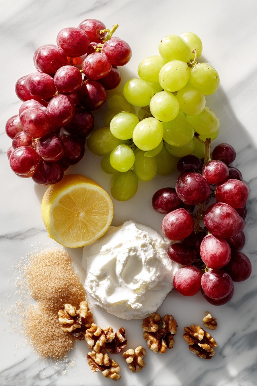 Flat lay of vibrant seedless red grapes and green grapes, creamy softened cream cheese, smooth plain Greek yogurt, lightly packed brown sugar, a small fresh lemon wedge for juice, and chopped walnuts scattered artistically, along with a small pile of light brown sugar, all beautifully arranged with careful spacing and natural light highlighting their textures, placed on a white marble surface, photo taken with an iphone --ar 2:3 --v 7