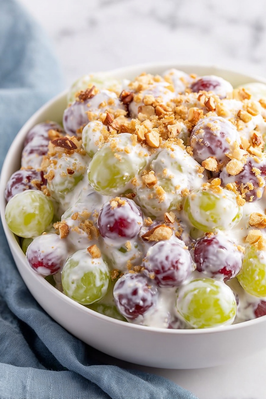 The image shows a close-up of a creamy grape salad in a white bowl. The salad has whole green and red grapes covered in a thick, white creamy sauce. The grapes are fully coated and look juicy and fresh. On top of the grapes, there is a sprinkling of small, light brown chopped nuts that add a crunchy texture. The background is a white marbled surface, keeping all focus on the mixed grapes and creamy sauce. Photo taken with an iphone --ar 2:3 --v 7