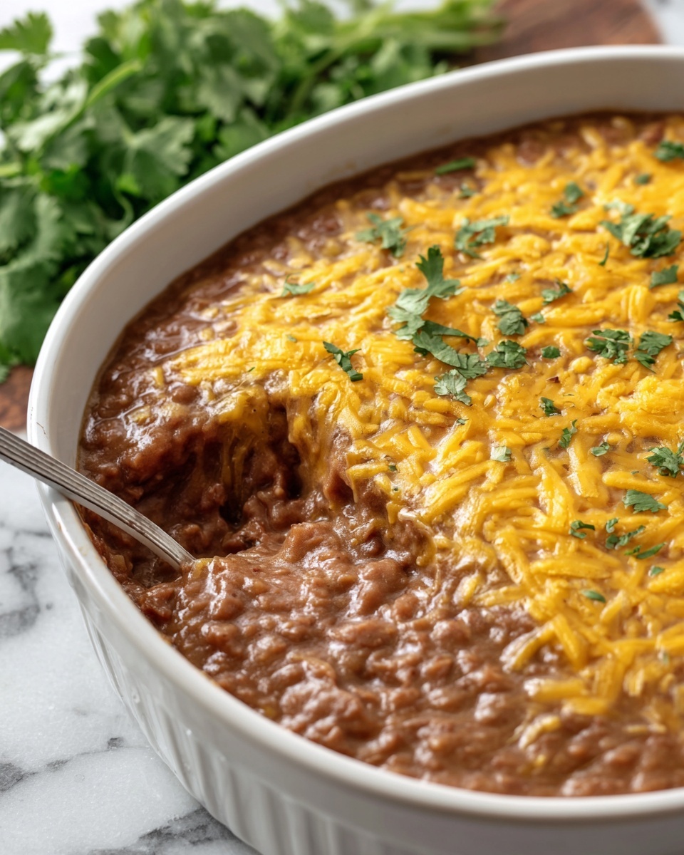 A white bowl filled with a thick, creamy brown bean dish topped with melted shredded orange cheese. A silver spoon is lifting a scoop of this dish, showing a chunky texture mixed with beans and cheese strands. The surface beneath has a white marbled texture, with fresh green herbs blurred in the background. photo taken with an iphone --ar 2:3 --v 7