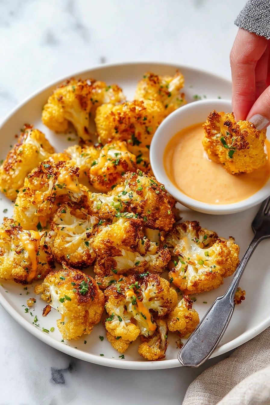 The image shows a white plate filled with several roasted cauliflower florets that are golden brown with a slightly crispy texture and some darker roasted spots, sprinkled with small green parsley leaves. On the right edge of the plate sits a small white bowl filled with a creamy light orange dipping sauce. A fork with a shiny metal handle rests partially on the plate’s edge. The plate is placed on a white marbled surface with a soft blue cloth nearby. Photo taken with an iphone --ar 2:3 --v 7