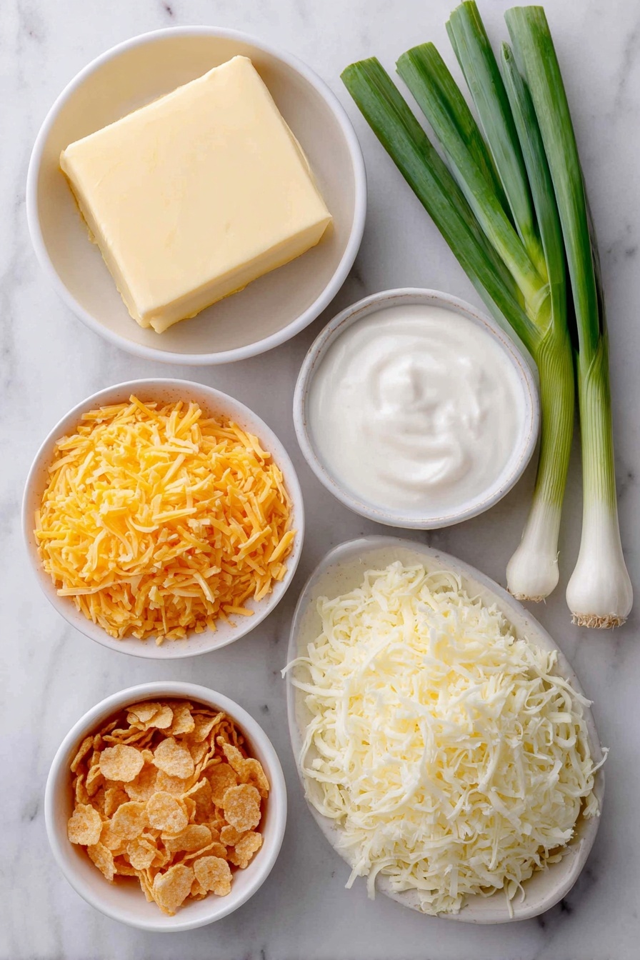 Flat lay of a simple white ceramic bowl of pale yellow butter, a small white bowl of smooth white sour cream, a small white bowl of creamy light beige cream of chicken soup, a neat pile of finely shredded bright orange sharp cheddar cheese, a mound of fresh shredded white potatoes with bits of light yellow, a small white bowl filled with lightly crushed golden corn flakes, and a group of four fresh green onions with white bulbs and vibrant green stalks, all arranged in perfect symmetry on a clean white marble surface, soft natural light, photo taken with an iPhone, professional food photography style, fresh ingredients, white ceramic bowls, no bottles, no duplicates, no utensils, no packaging --ar 2:3 --v 7 --p awthu7i m7354615311229779997
