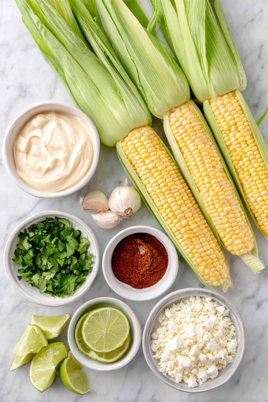 Flat lay of six to eight fresh ears of sweet corn with bright yellow kernels and green husks removed, a small white ceramic bowl filled with smooth Mexican crema, a small white bowl of creamy mayonnaise, a small white bowl holding freshly chopped vibrant green cilantro, one peeled garlic clove, a small white bowl containing reddish-brown ground chipotle pepper powder, a small white bowl with finely grated bright green lime zest, a small white bowl with fresh lime juice, a small white bowl filled with crumbled white cotija cheese, and several fresh lime wedges with glossy green rinds arranged neatly, all placed on a clean white marble surface, soft natural light, photo taken with an iPhone, professional food photography style, fresh ingredients, white ceramic bowls, no bottles, no duplicates, no utensils, no packaging --ar 2:3 --v 7 --p awthu7i m7354615311229779997
