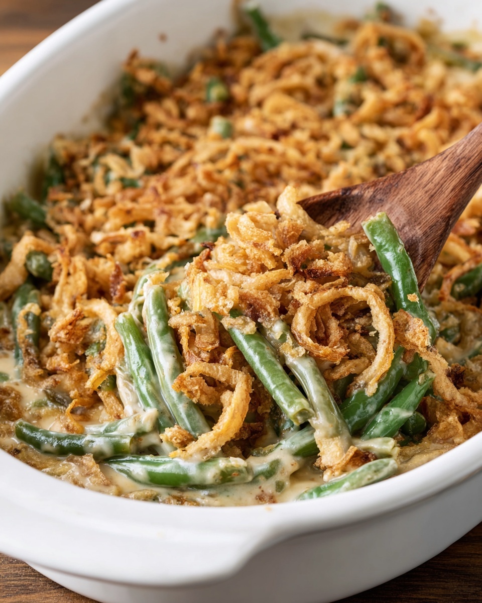 A white oval dish filled with a green bean casserole, showing green beans coated in a creamy light tan sauce, topped with a generous layer of crispy, golden-brown fried onions scattered unevenly across the surface. The casserole edges show a bit of baked sauce residue, and the dish rests on a white marbled surface. photo taken with an iphone --ar 2:3 --v 7