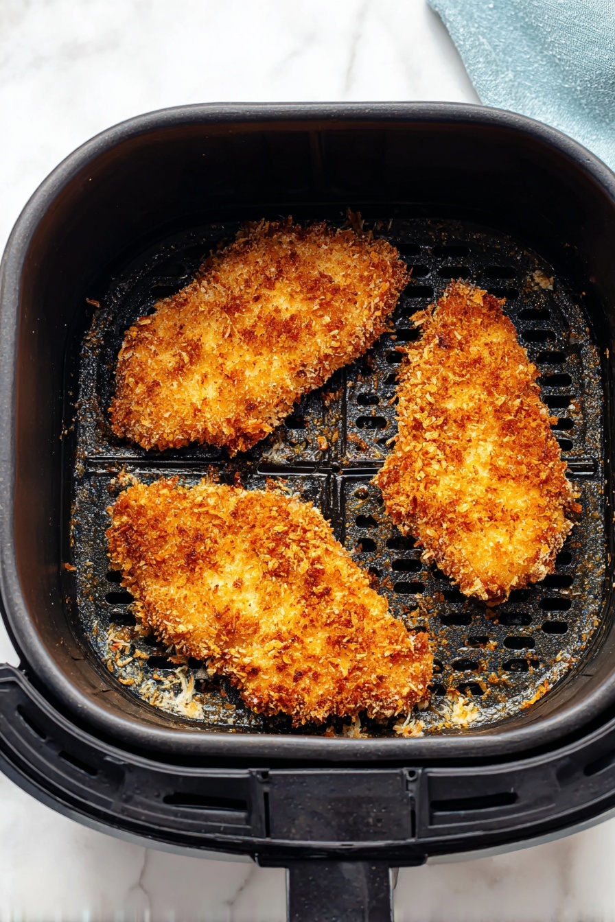Inside a black air fryer basket, three pieces of golden brown fried chicken lie flat without overlapping. Each chicken piece has a crispy, rough, and crumbly texture with a mix of light and darker brown shades, indicating a crunchy crust. The black basket has a patterned base with small holes, showing some breadcrumb crumbs scattered around the chicken. The basket sits on a white marbled surface with a light blue cloth visible in the top right corner. photo taken with an iphone --ar 2:3 --v 7