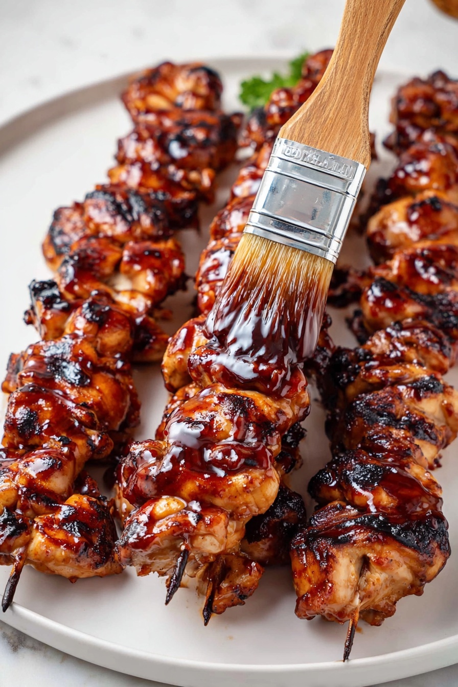 The image shows six skewers of grilled chicken pieces arranged closely on a large white plate. Each skewer has several chunks of chicken that are glossy with dark brown and reddish glaze, showing some charred spots from grilling. A wooden brush with a metal band is brushing a shiny sauce over the chicken on one skewer in the foreground. The chicken pieces have a slightly uneven texture with the glaze making them look moist and shiny. The plate sits on a white marbled surface. Photo taken with an iphone --ar 2:3 --v 7