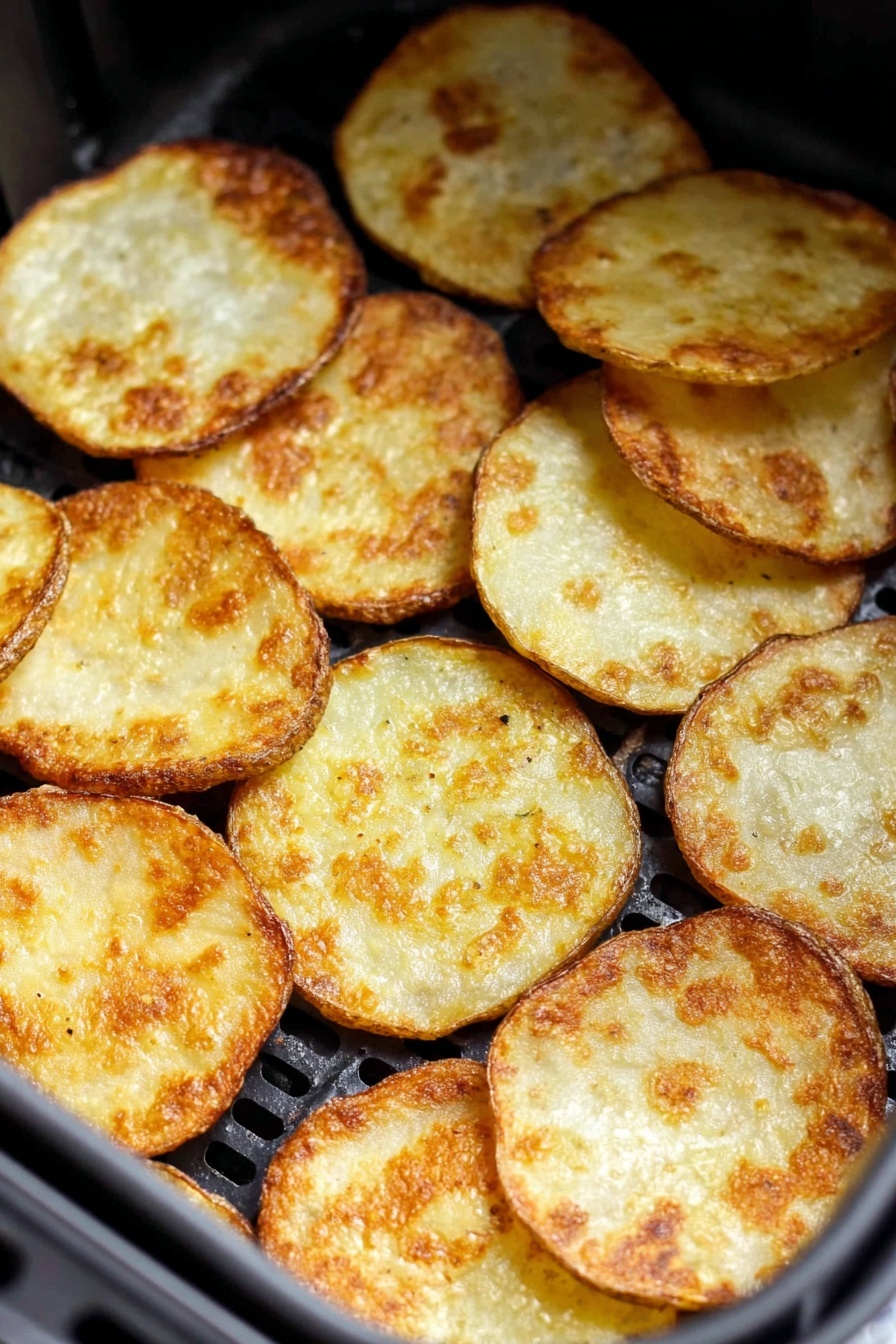 The image shows a single layer of thin, round potato slices inside a black air fryer basket. Each potato slice has a light golden brown color with some darker brown patches and crispy edges. The surface texture of the slices looks crisp and slightly rough with some bubbles. The slices are lightly overlapping and cover the entire basket bottom. The background and surface are a white marbled texture. Photo taken with an iphone --ar 2:3 --v 7