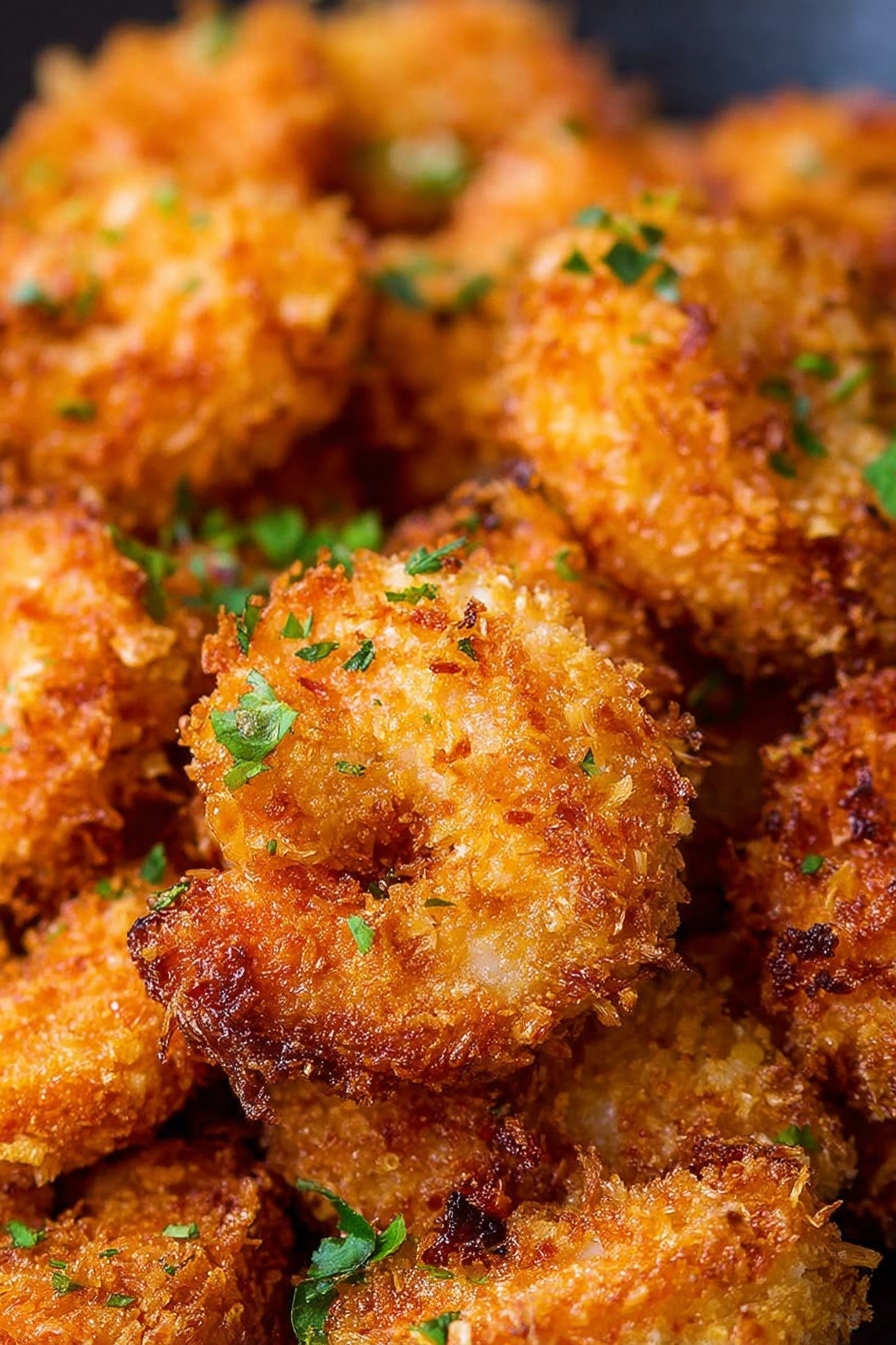 The image shows a close-up of a pile of crispy golden-brown fried pieces. Each piece has a rough, crunchy coating with a mix of light and dark golden crust and small bits giving a crunchy texture. Some pieces are sprinkled with small green herb leaves that add a pop of color. The fried pieces are arranged closely, showing their uneven shapes and crispy edges. The background is blurred, focusing on the texture and color of the fried pieces. photo taken with an iphone --ar 2:3 --v 7