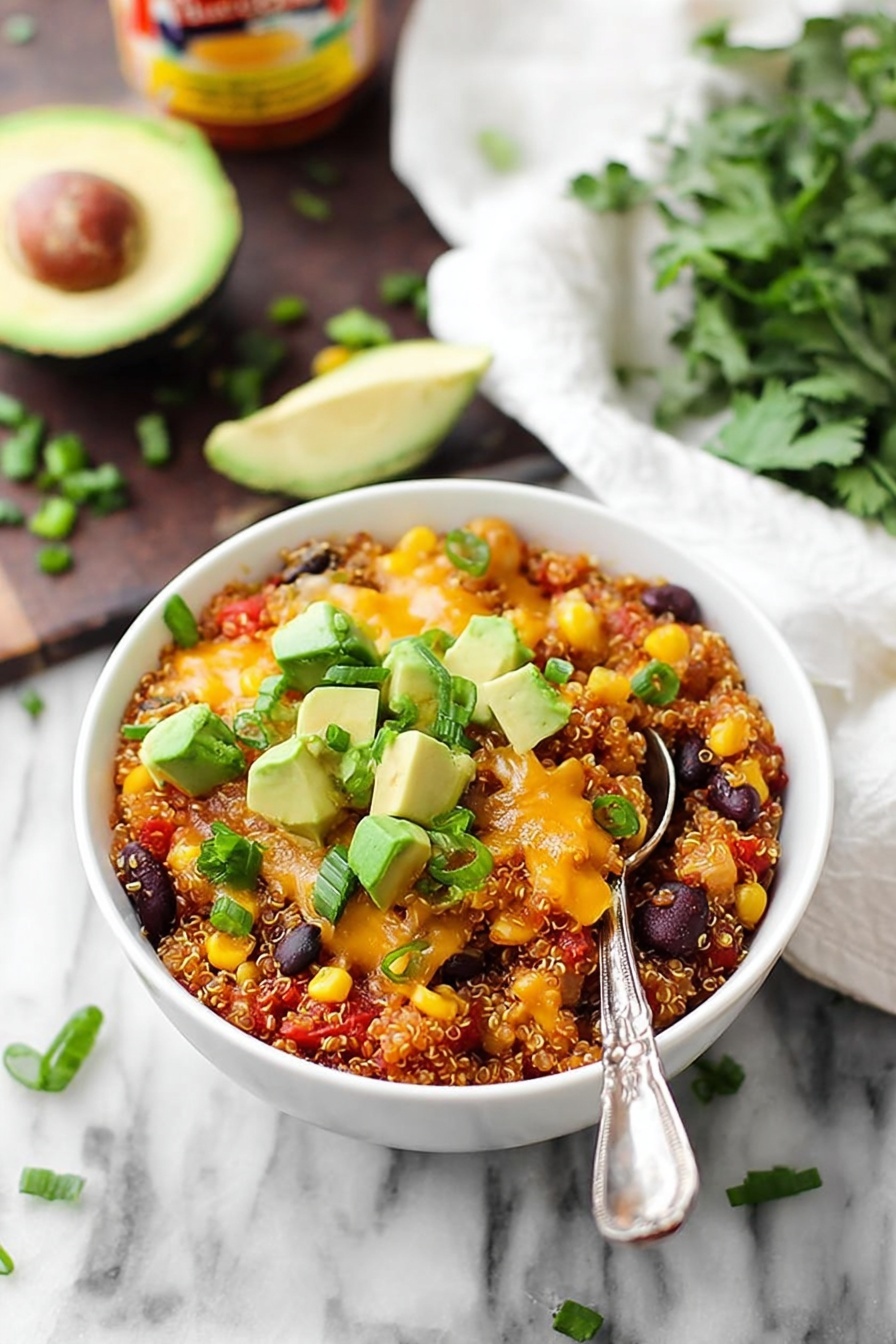 A white bowl filled with a colorful quinoa mix layered at the bottom, showing a grainy and slightly red base with pepper bits. The second layer has yellow corn kernels, black beans, and melted orange cheese scattered throughout. On top, there are bright green avocado cubes and chopped green onions sprinkled as garnish. A silver spoon is placed inside the bowl, and in the background there is a half avocado with the seed visible, some green leafy herbs, and a white cloth on a white marbled surface. Photo taken with an iphone --ar 2:3 --v 7