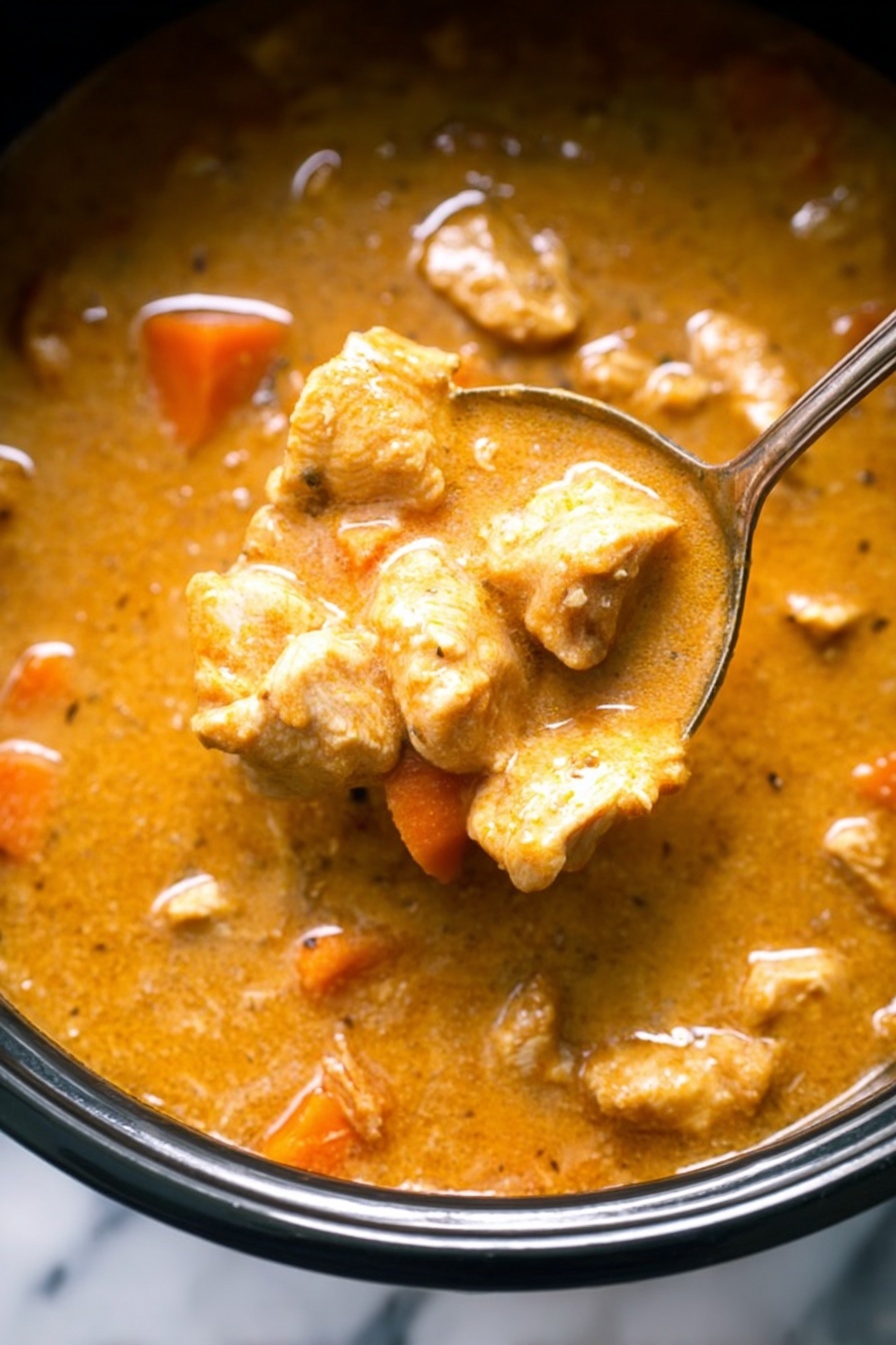 The image shows a close-up of a thick, orange-brown stew with chunks of light brown chicken pieces, soft orange carrot pieces, and a creamy sauce with visible bits of seasoning. The stew is in a black pot with a metal spoon scooping some of the stew, lifting chicken and carrot pieces. The texture of the sauce looks smooth and rich, with a slightly oily surface. The background is a white marbled texture. photo taken with an iphone --ar 2:3 --v 7